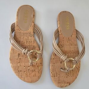 Guess Women Sandals Size 5 Beige Cork Slip On Flat Strappy Logo